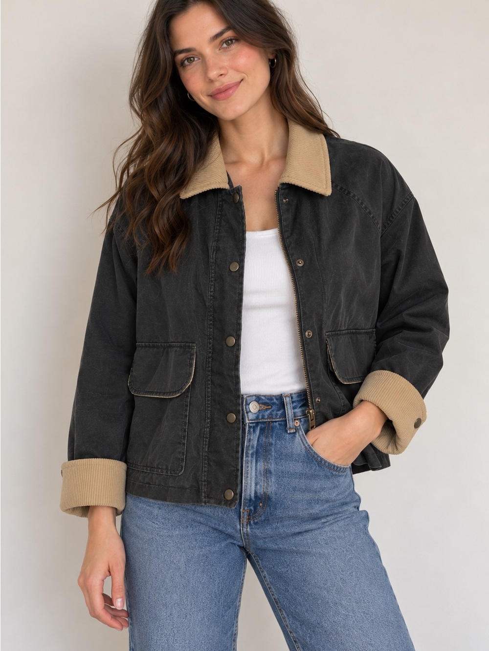 Zara Black Utility Jacket with Tan Corduroy Trim
